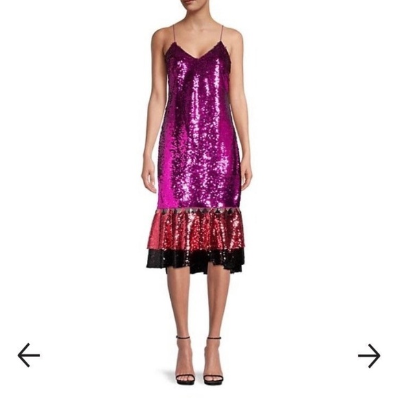 NWT SACHIN + BABI Hot Pink Purple Black  Sequin Ruffle Flounce Hem Midi Dress - Picture 7 of 8